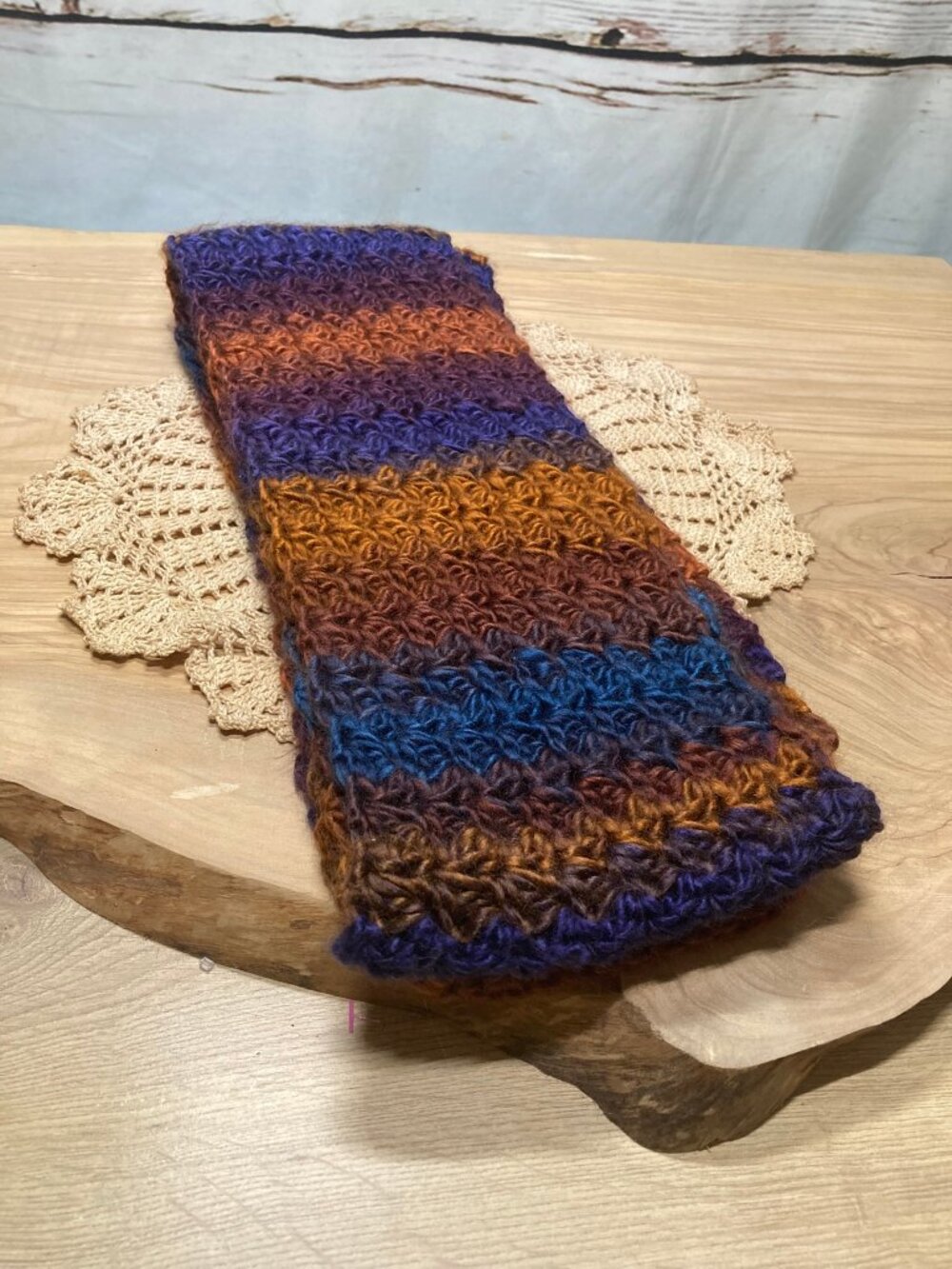 Handmade Crochet Scarf Jewel Tone Purple Rust Blue Soft Winter Knit Wrap - Picture 3 of 3